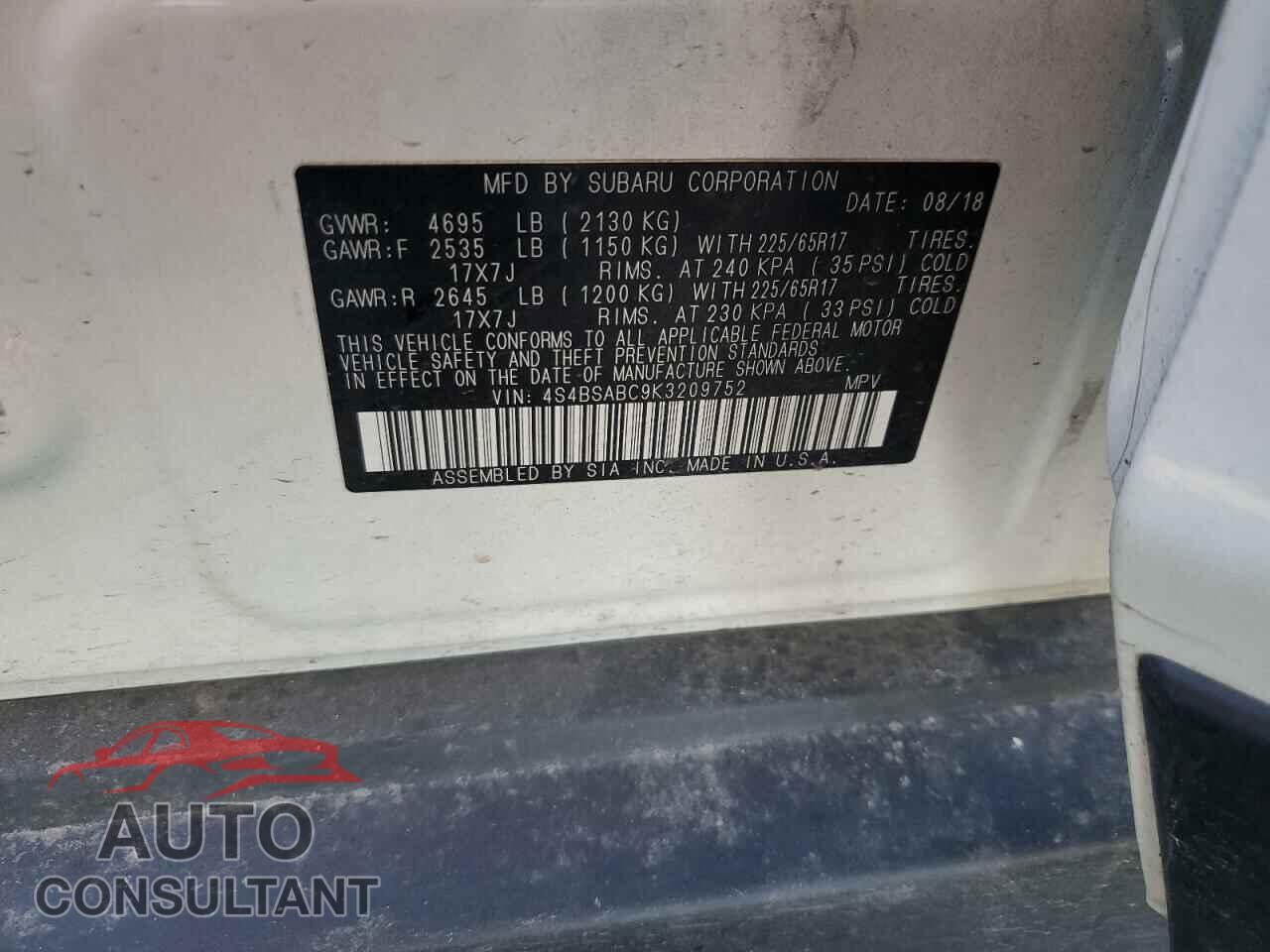 SUBARU OUTBACK 2019 - 4S4BSABC9K3209752