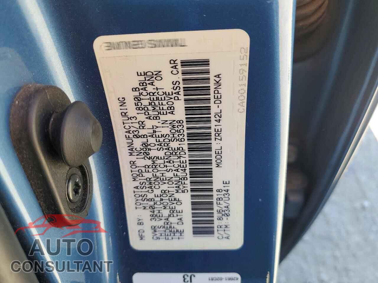 TOYOTA COROLLA 2013 - 5YFBU4EE7DP163538