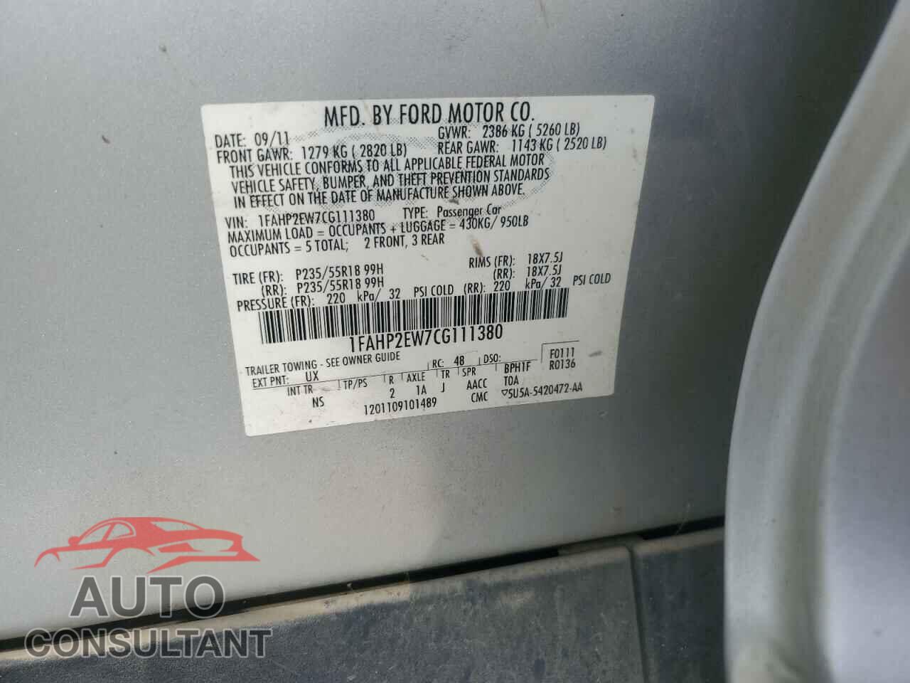 FORD TAURUS 2012 - 1FAHP2EW7CG111380