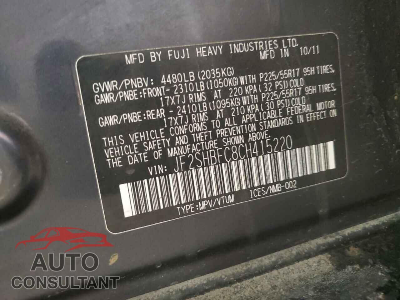SUBARU FORESTER 2012 - JF2SHBFC8CH415220