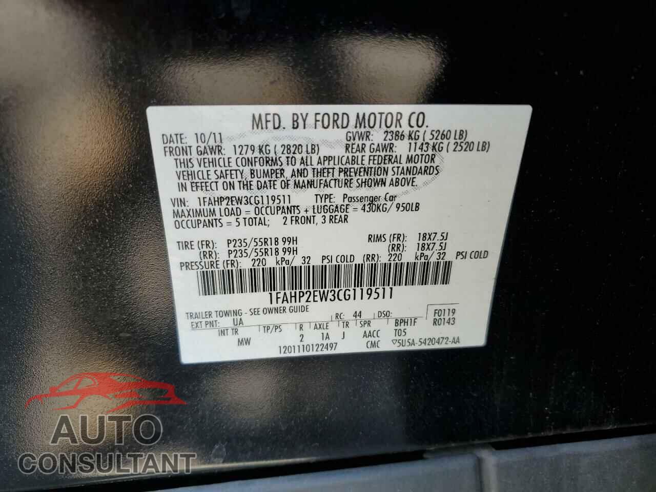 FORD TAURUS 2012 - 1FAHP2EW3CG119511