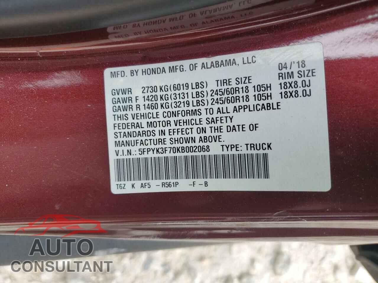 HONDA RIDGELINE 2019 - 5FPYK3F70KB002068