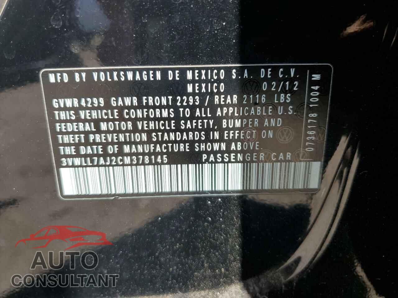 VOLKSWAGEN JETTA 2012 - 3VWLL7AJ2CM378145