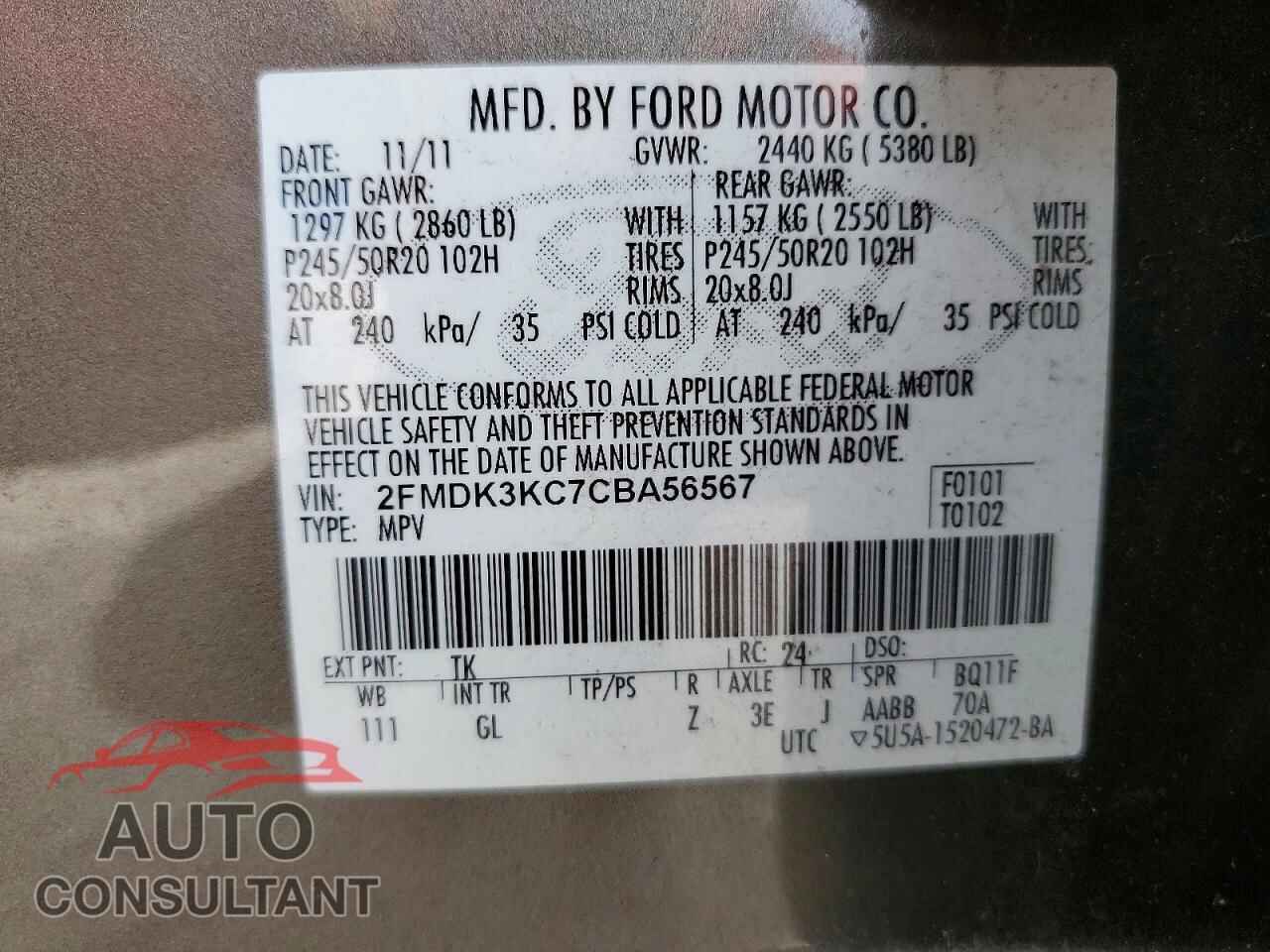 FORD EDGE 2012 - 2FMDK3KC7CBA56567