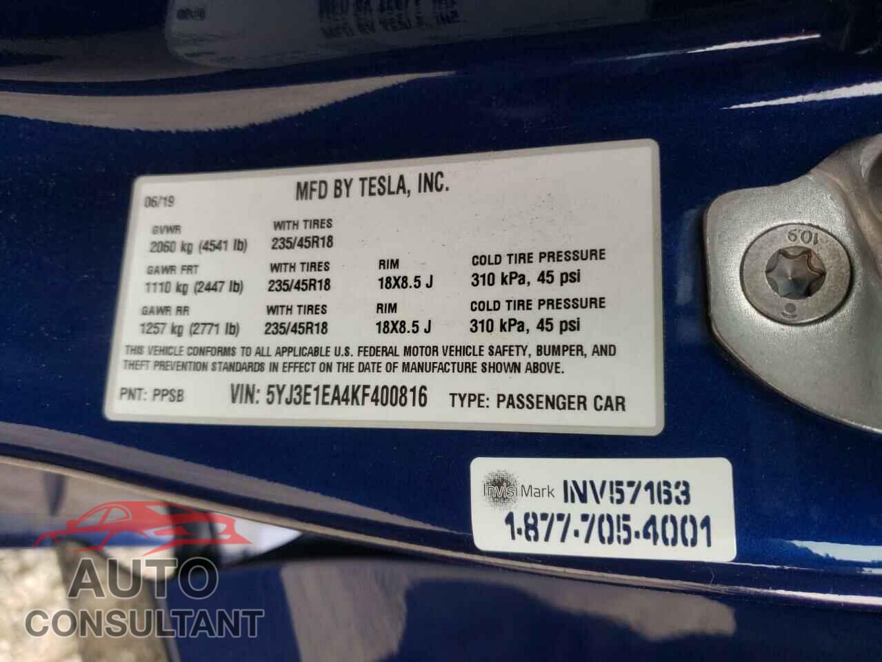 TESLA MODEL 3 2019 - 5YJ3E1EA4KF400816