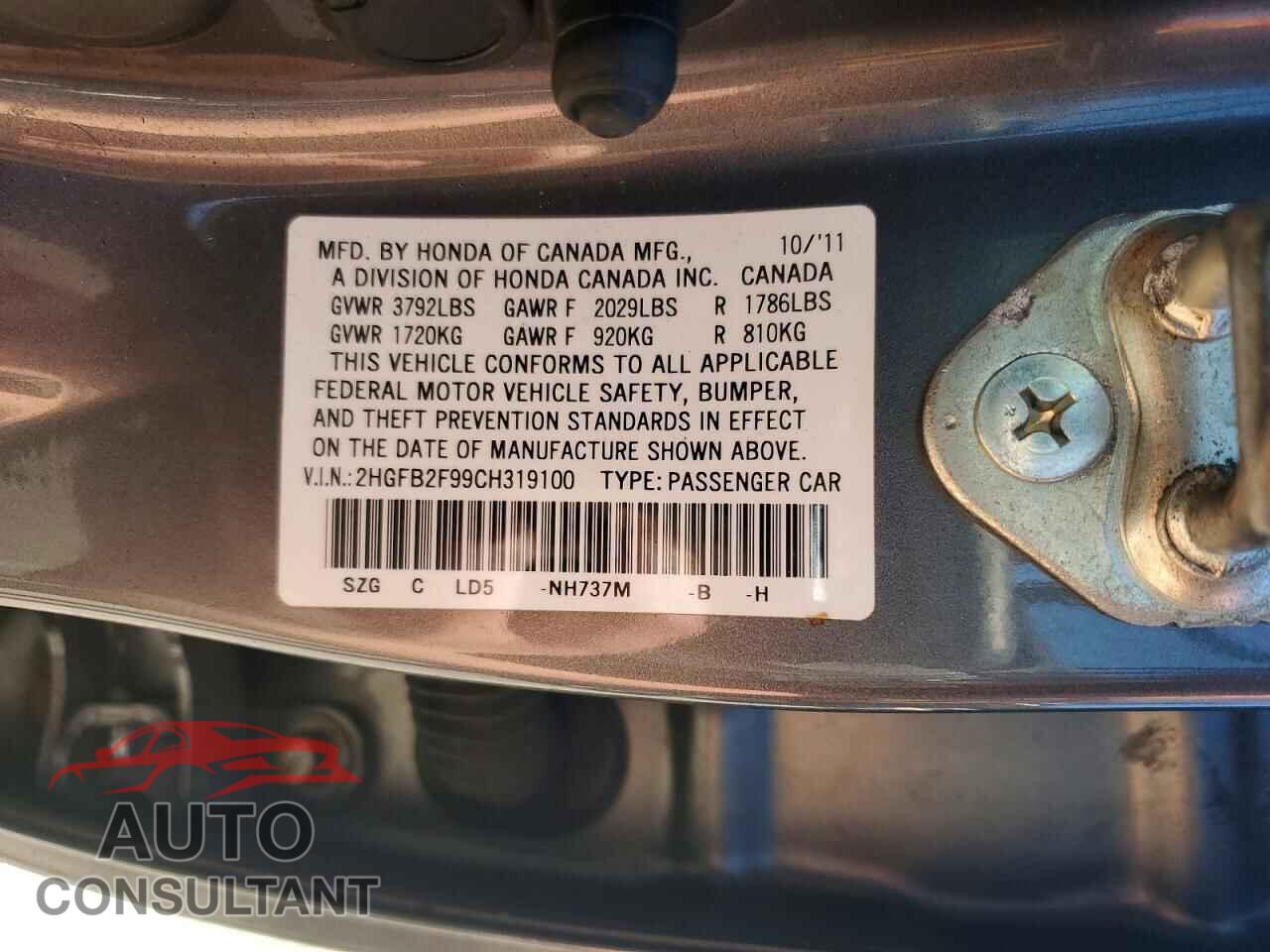 HONDA CIVIC 2012 - 2HGFB2F99CH319100