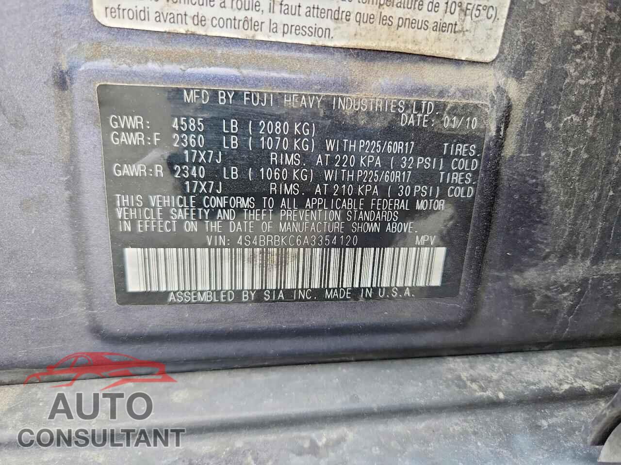 SUBARU OUTBACK 2010 - 4S4BRBKC6A3354120