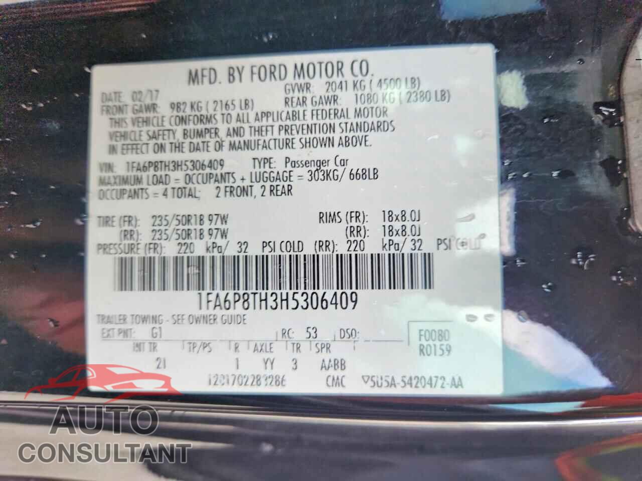 FORD MUSTANG 2017 - 1FA6P8TH3H5306409