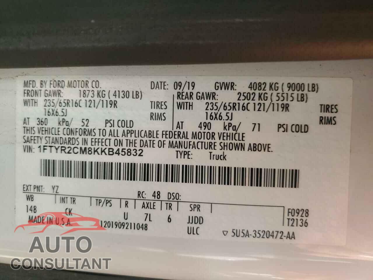 FORD TRANSIT 2019 - 1FTYR2CM8KKB45832
