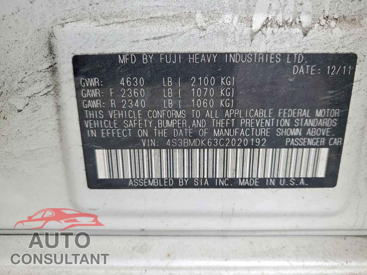 SUBARU LEGACY 2012 - 4S3BMDK63C2020192