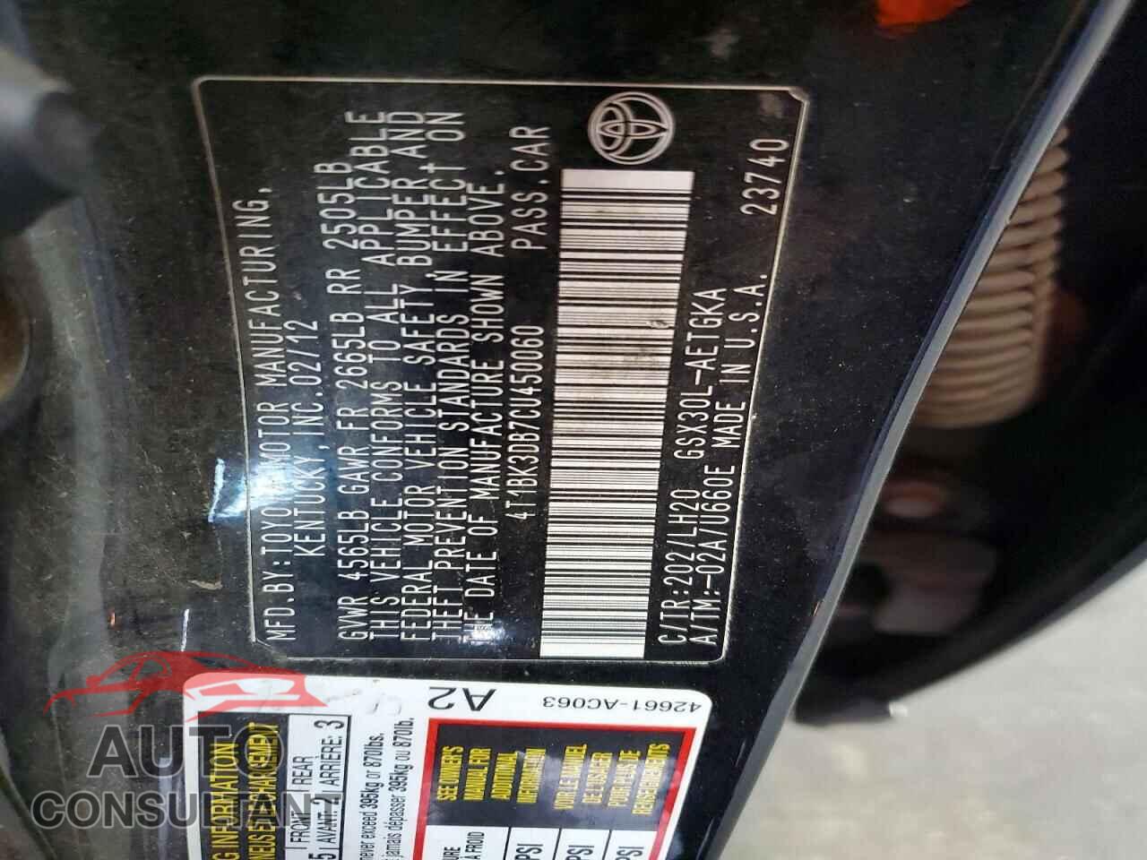 TOYOTA AVALON 2012 - 4T1BK3DB7CU450060