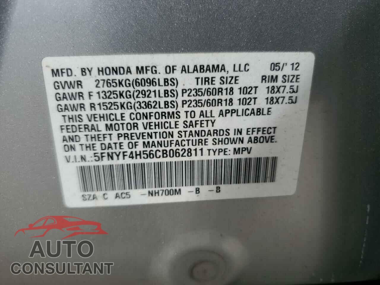 HONDA PILOT 2012 - 5FNYF4H56CB062811
