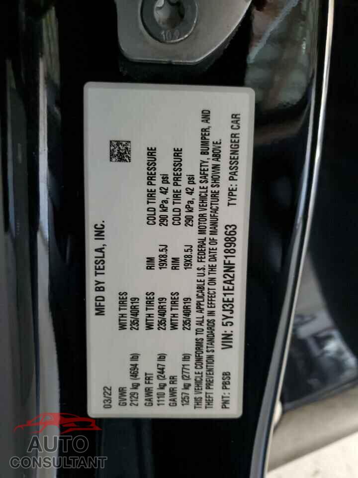 TESLA MODEL 3 2022 - 5YJ3E1EA2NF189863