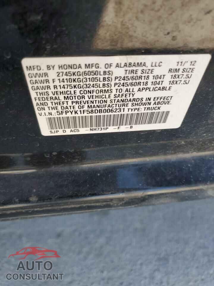 HONDA RIDGELINE 2013 - 5FPYK1F58DB006231