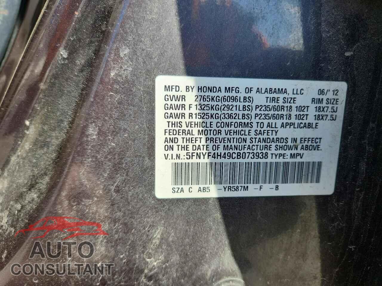 HONDA PILOT 2012 - 5FNYF4H49CB073938