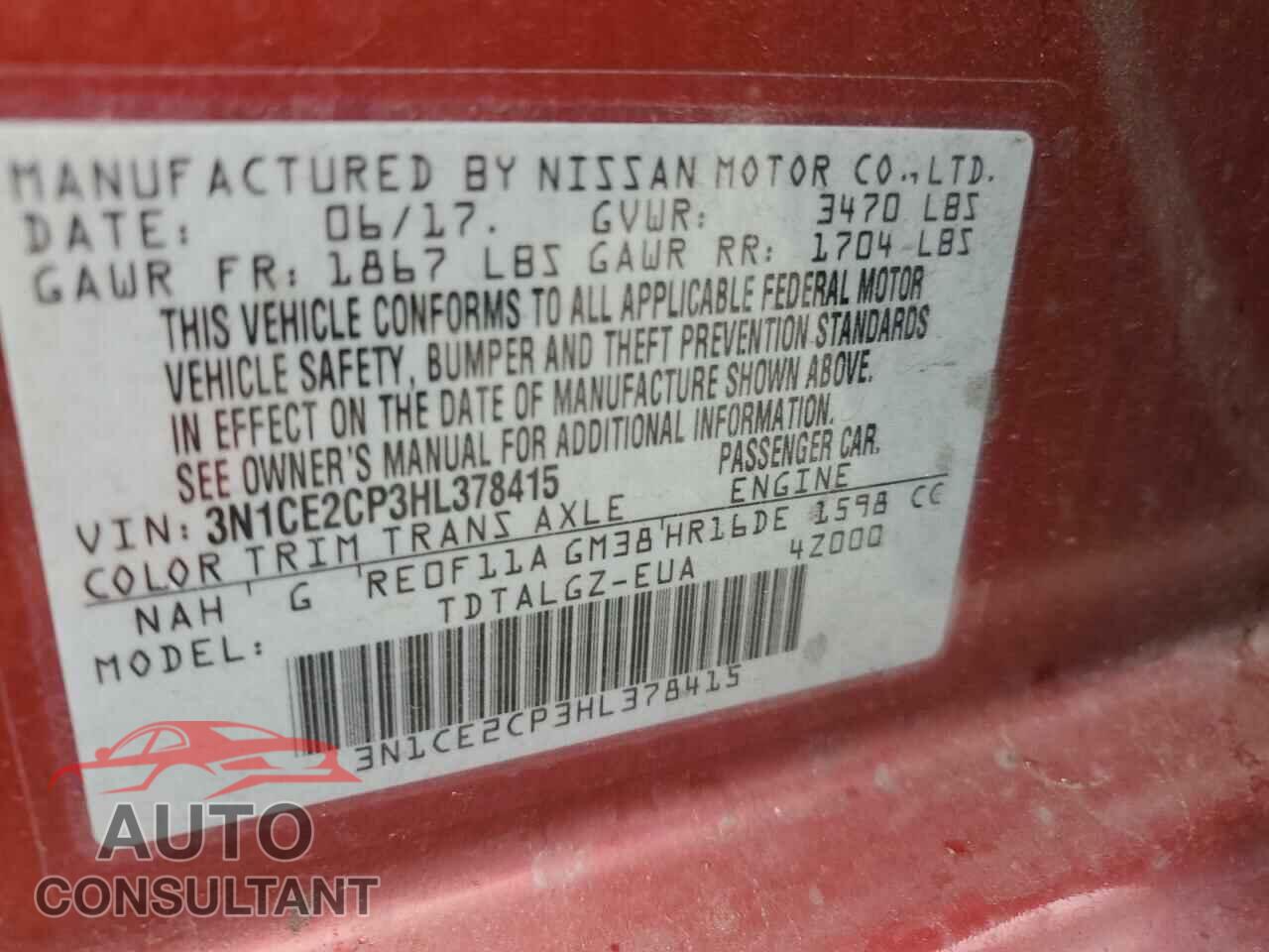 NISSAN VERSA 2017 - 3N1CE2CP3HL378415