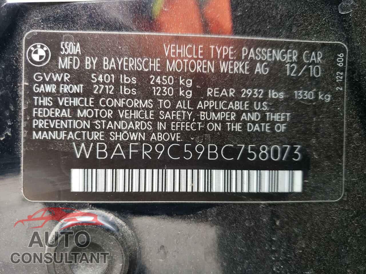 BMW 5 SERIES 2011 - WBAFR9C59BC758073