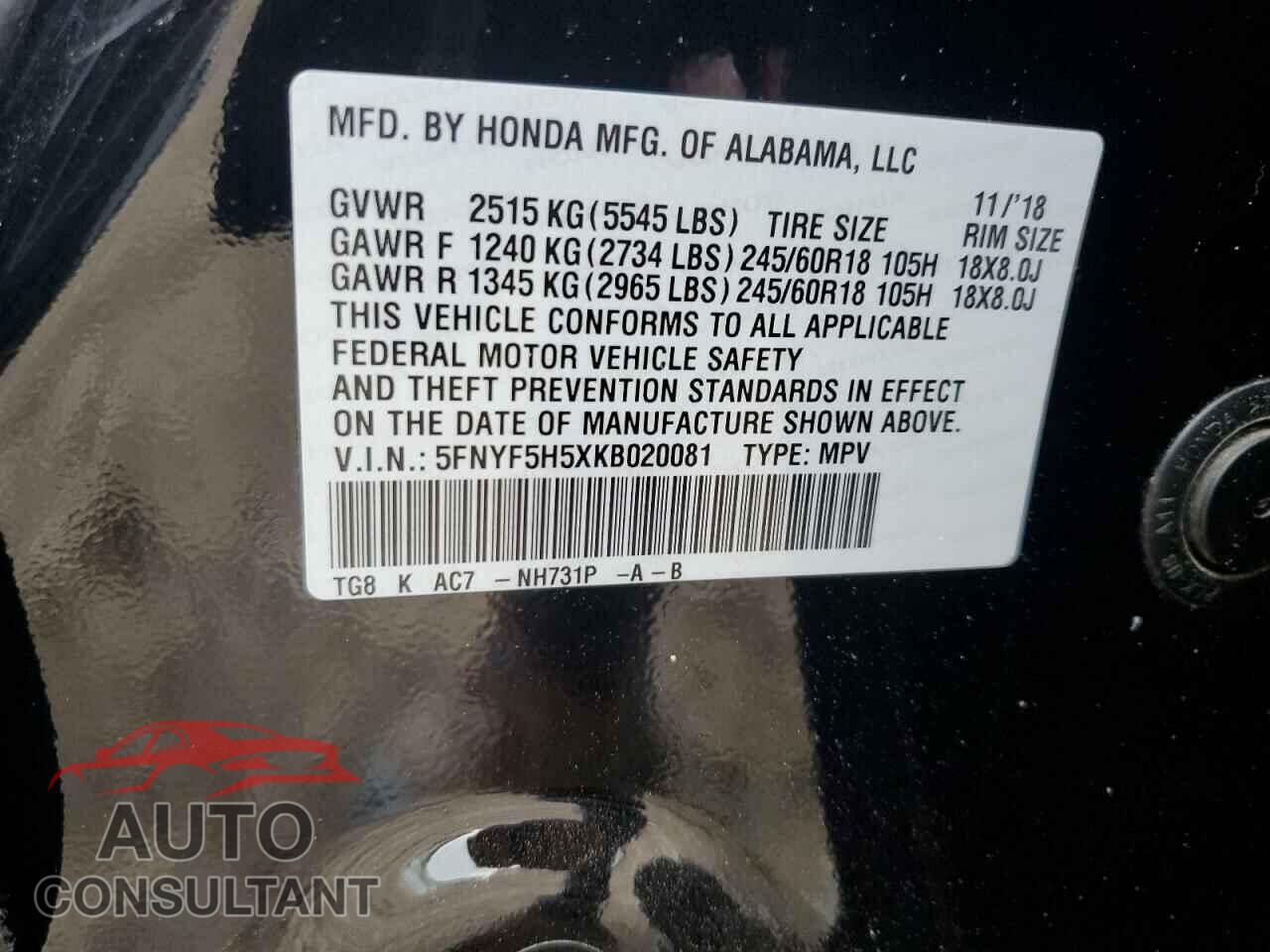 HONDA PILOT 2019 - 5FNYF5H5XKB020081