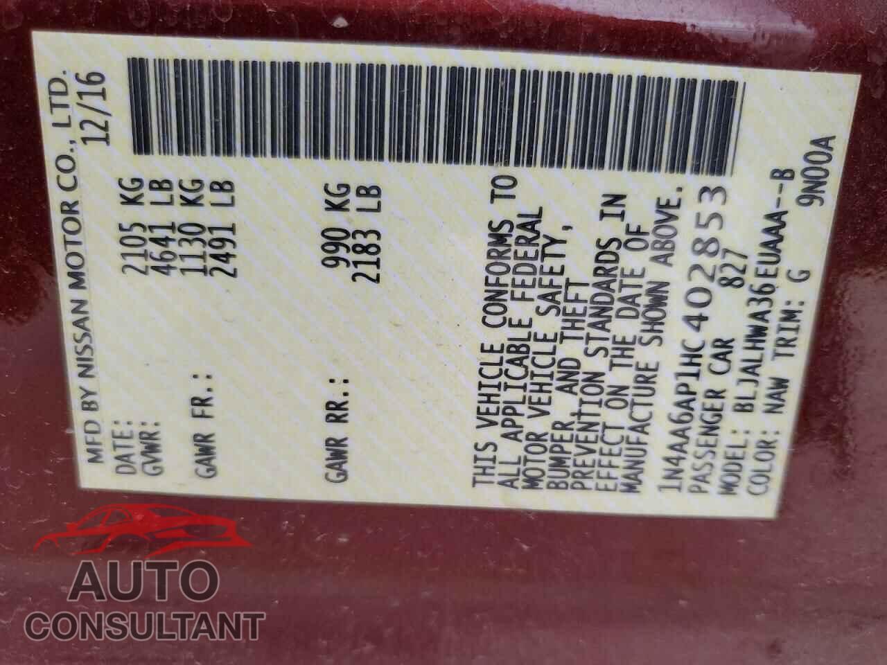 NISSAN MAXIMA 2017 - 1N4AA6AP1HC402853