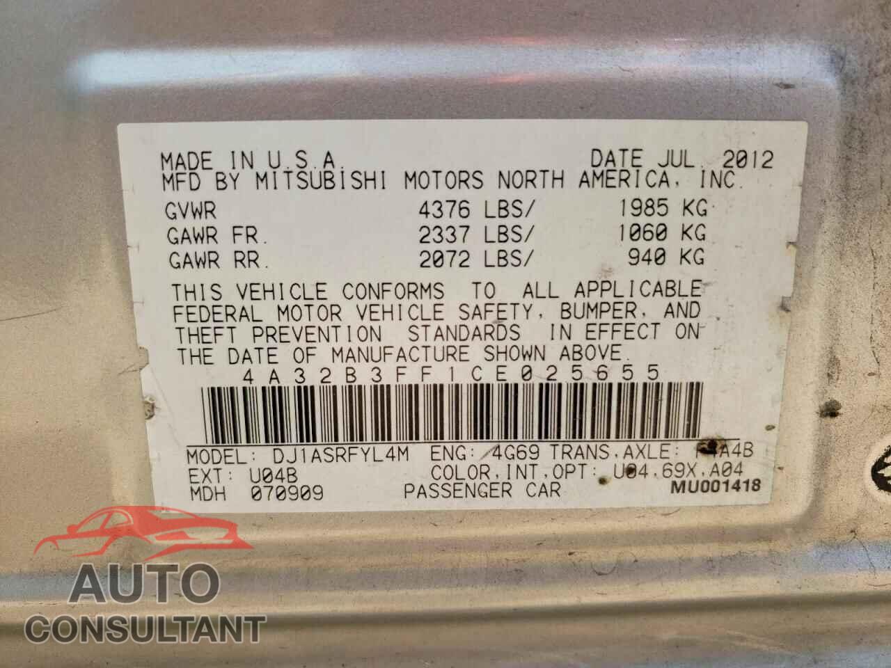MITSUBISHI GALANT 2012 - 4A32B3FF1CE025655