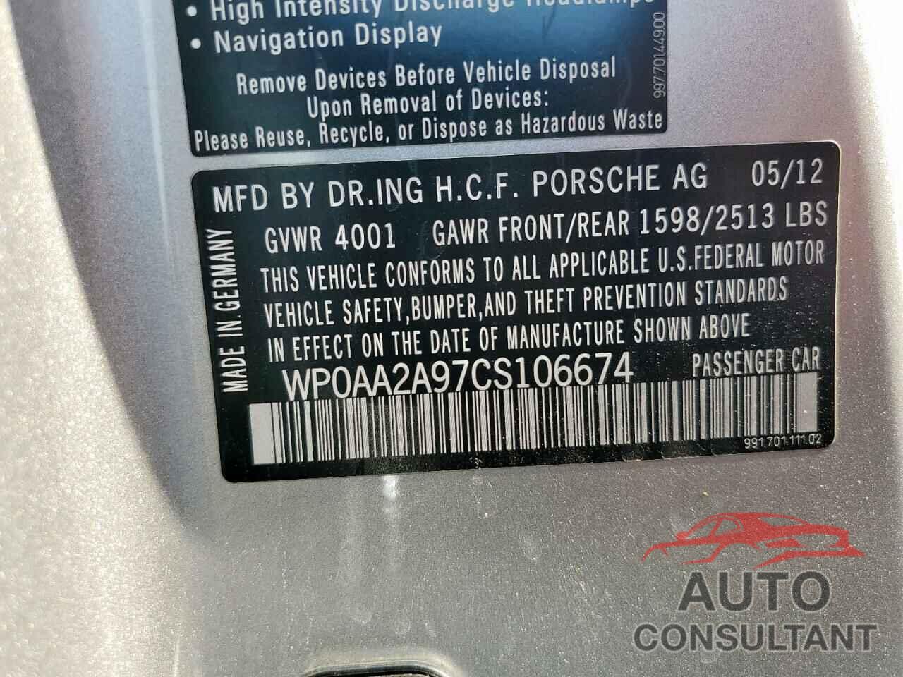 PORSCHE 911 2012 - WP0AA2A97CS106674