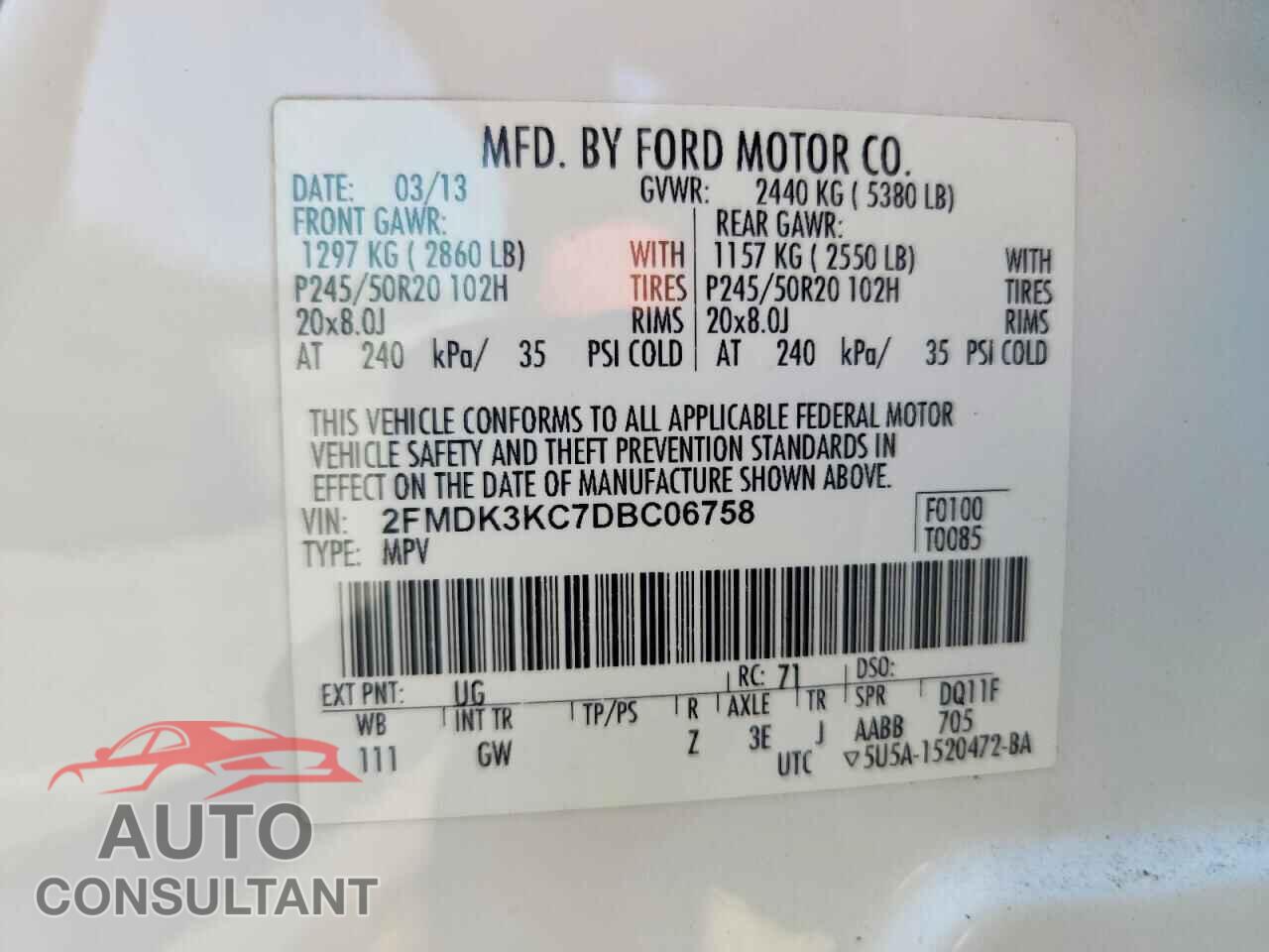 FORD EDGE 2013 - 2FMDK3KC7DBC06758
