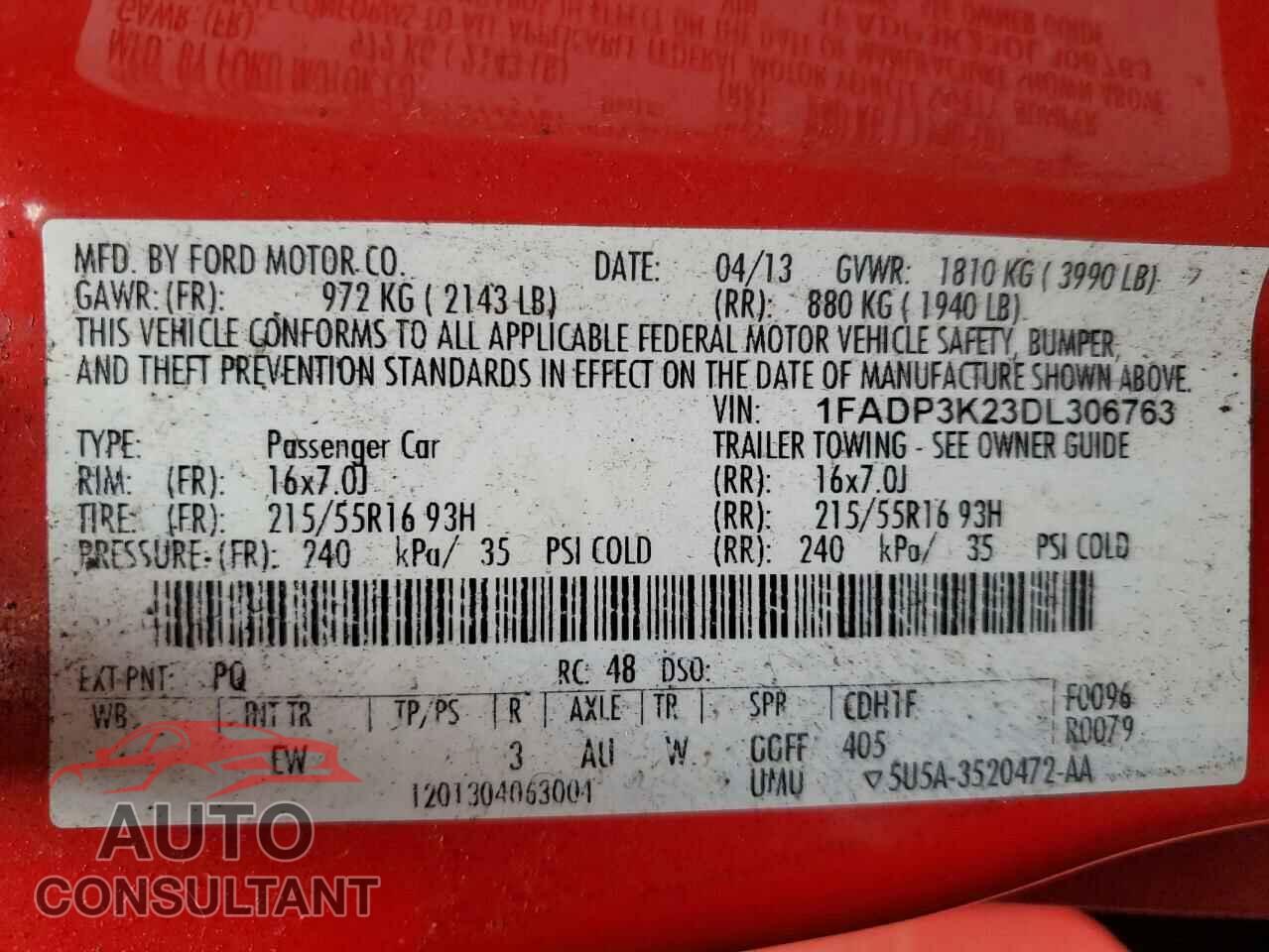 FORD FOCUS 2013 - 1FADP3K23DL306763