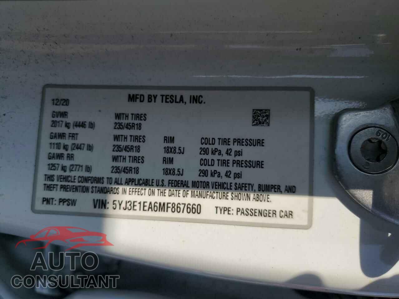 TESLA MODEL 3 2021 - 5YJ3E1EA6MF867660