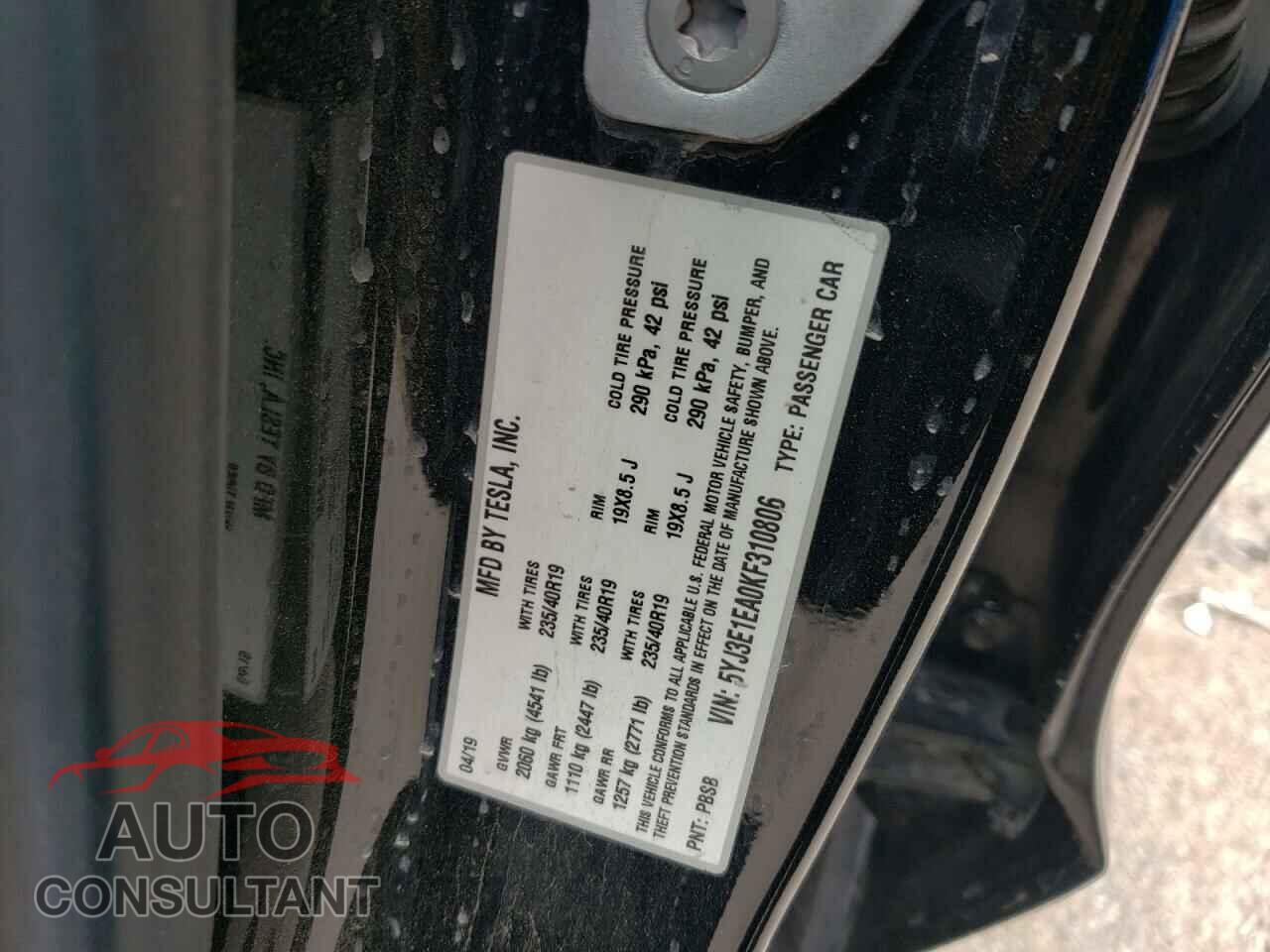 TESLA MODEL 3 2019 - 5YJ3E1EA0KF310806