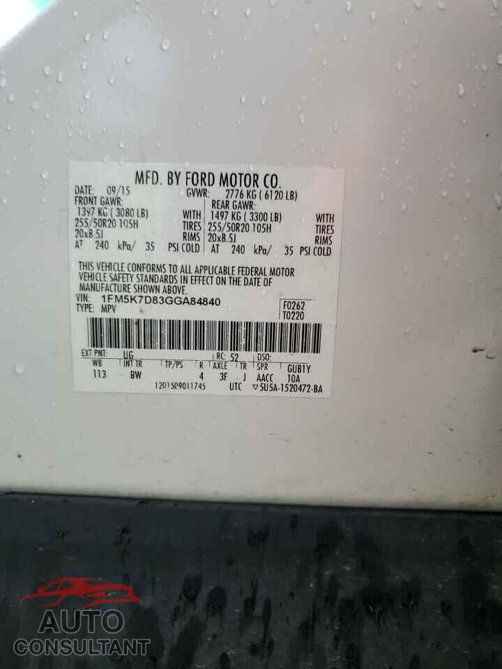 FORD EXPLORER 2016 - 1FM5K7D83GGA84840