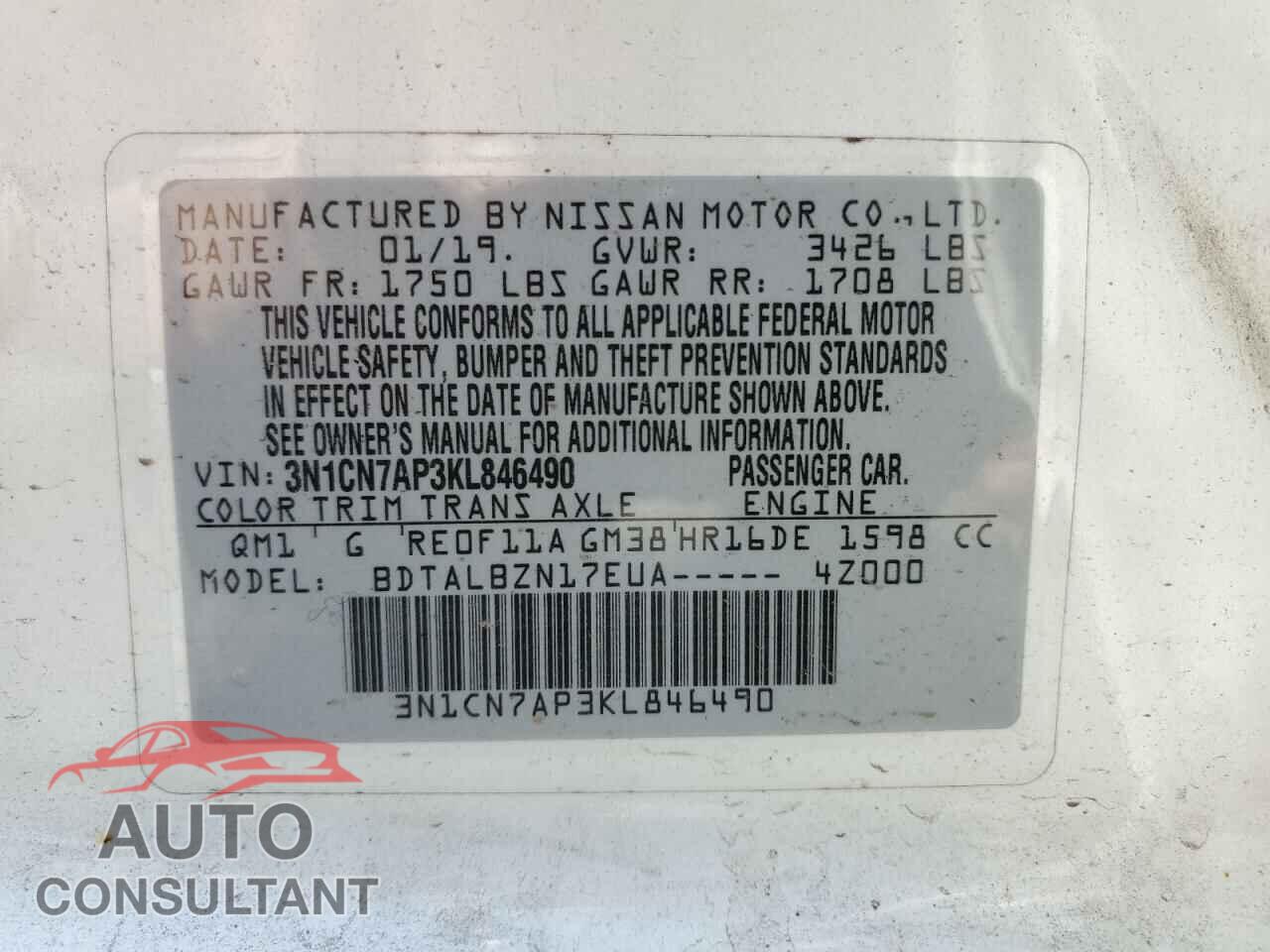 NISSAN VERSA 2019 - 3N1CN7AP3KL846490