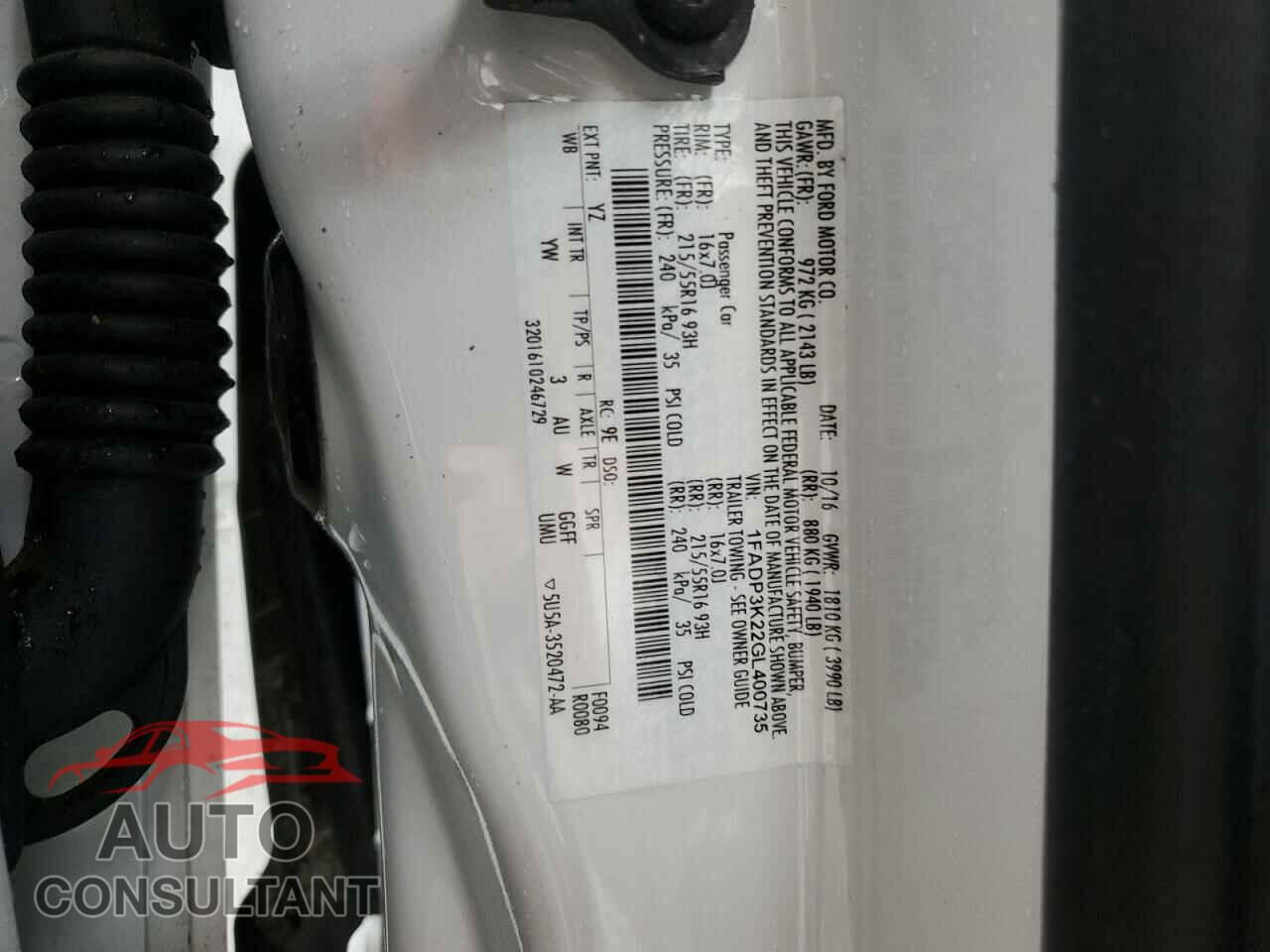 FORD FOCUS 2016 - 1FADP3K22GL400735