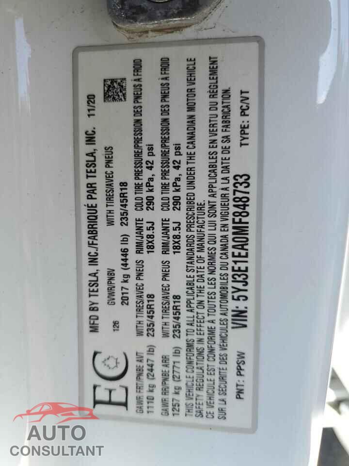 TESLA MODEL 3 2021 - 5YJ3E1EA0MF848733