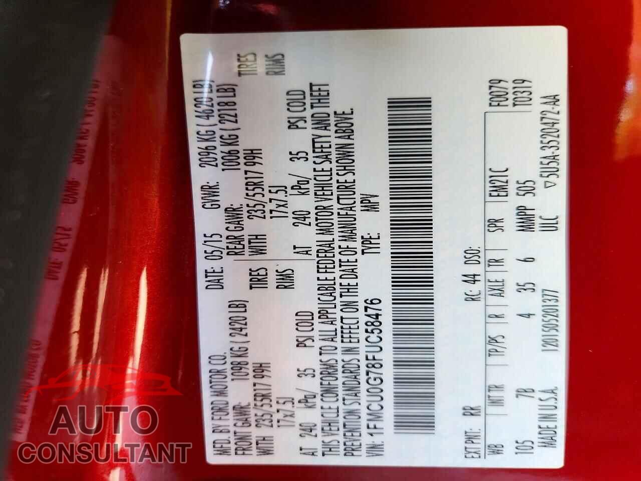 FORD ESCAPE 2015 - 1FMCU0G78FUC58476