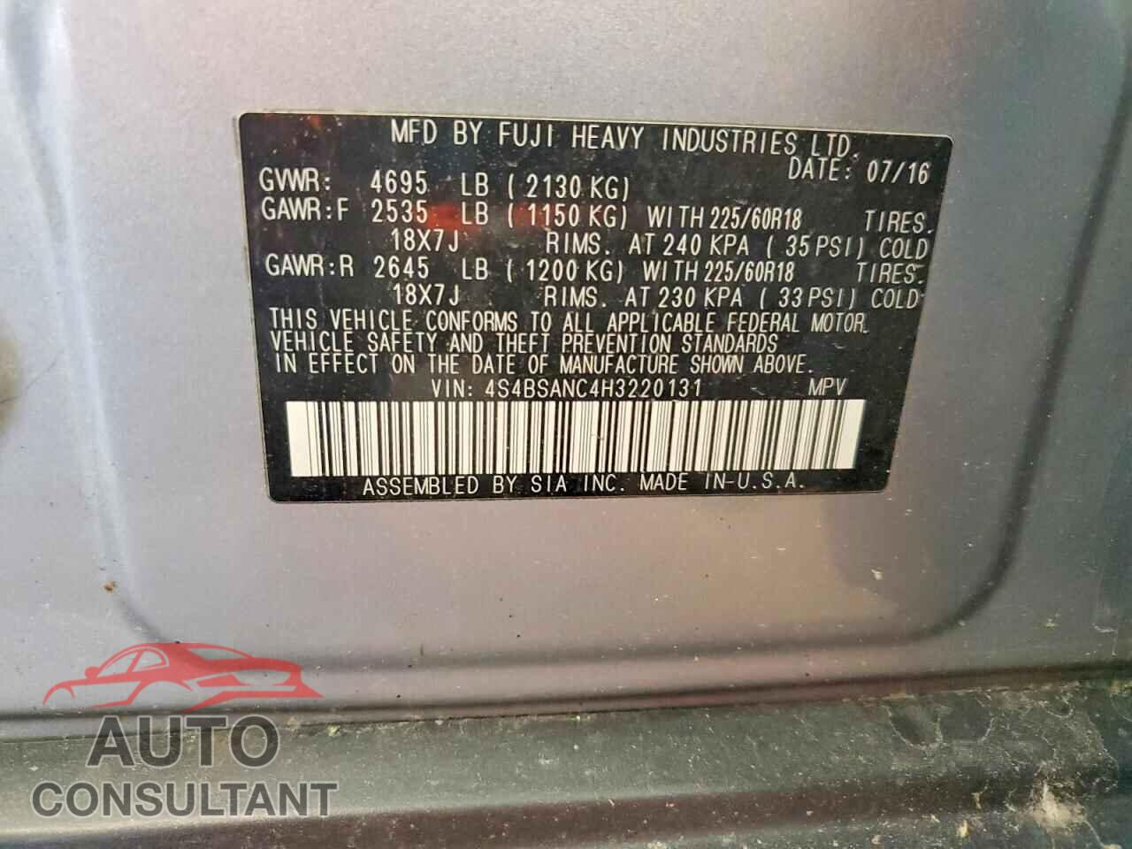SUBARU OUTBACK 2017 - 4S4BSANC4H3220131