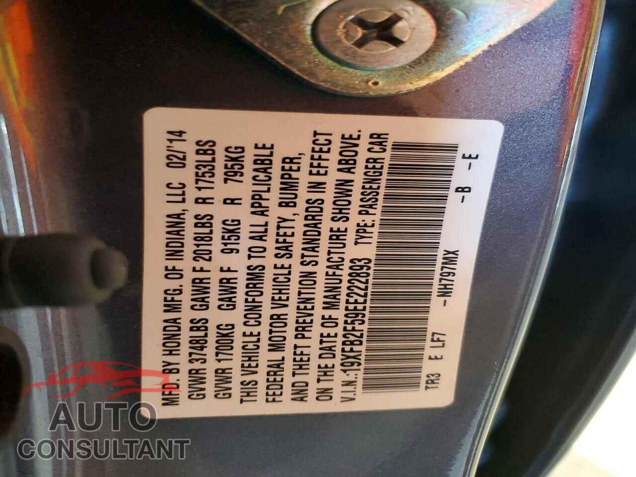 HONDA CIVIC 2014 - 19XFB2F59EE222893