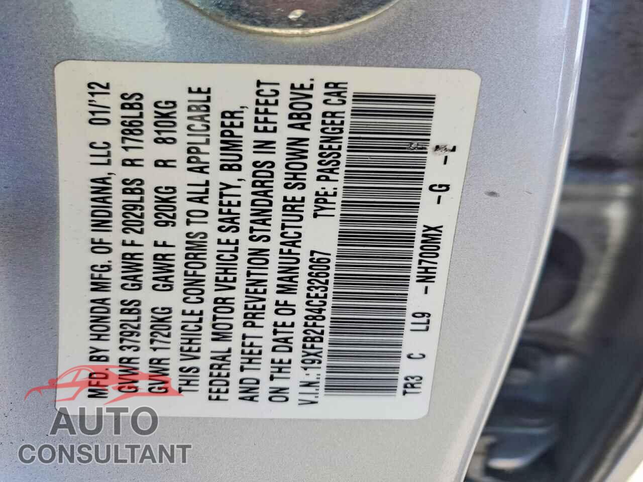 HONDA CIVIC 2012 - 19XFB2F84CE326067