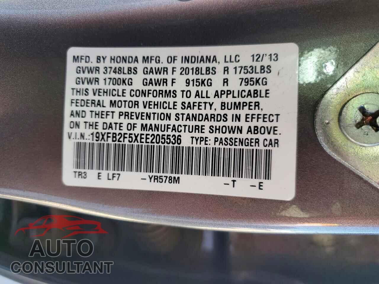 HONDA CIVIC 2014 - 19XFB2F5XEE205536