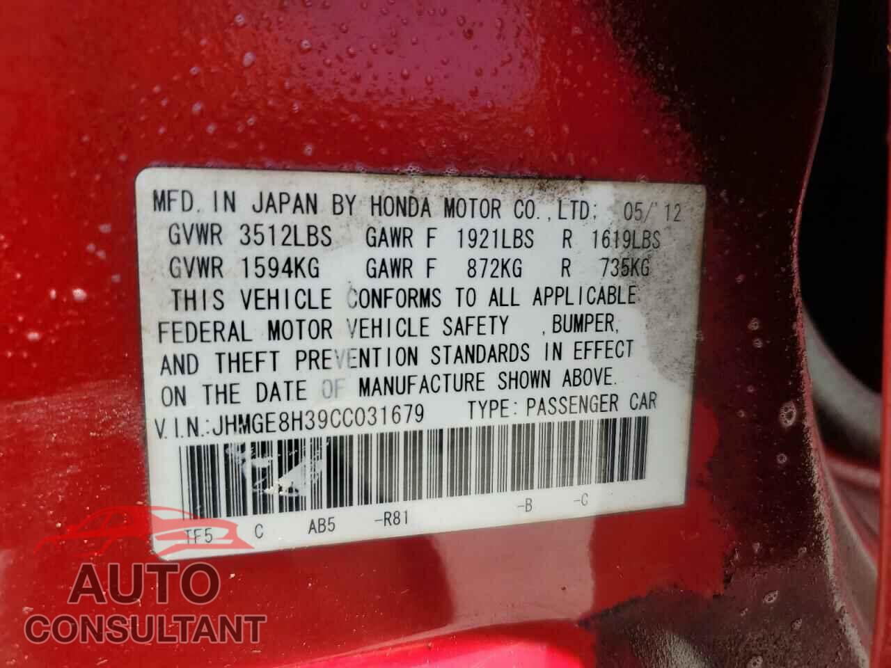 HONDA FIT 2012 - JHMGE8H39CC031679