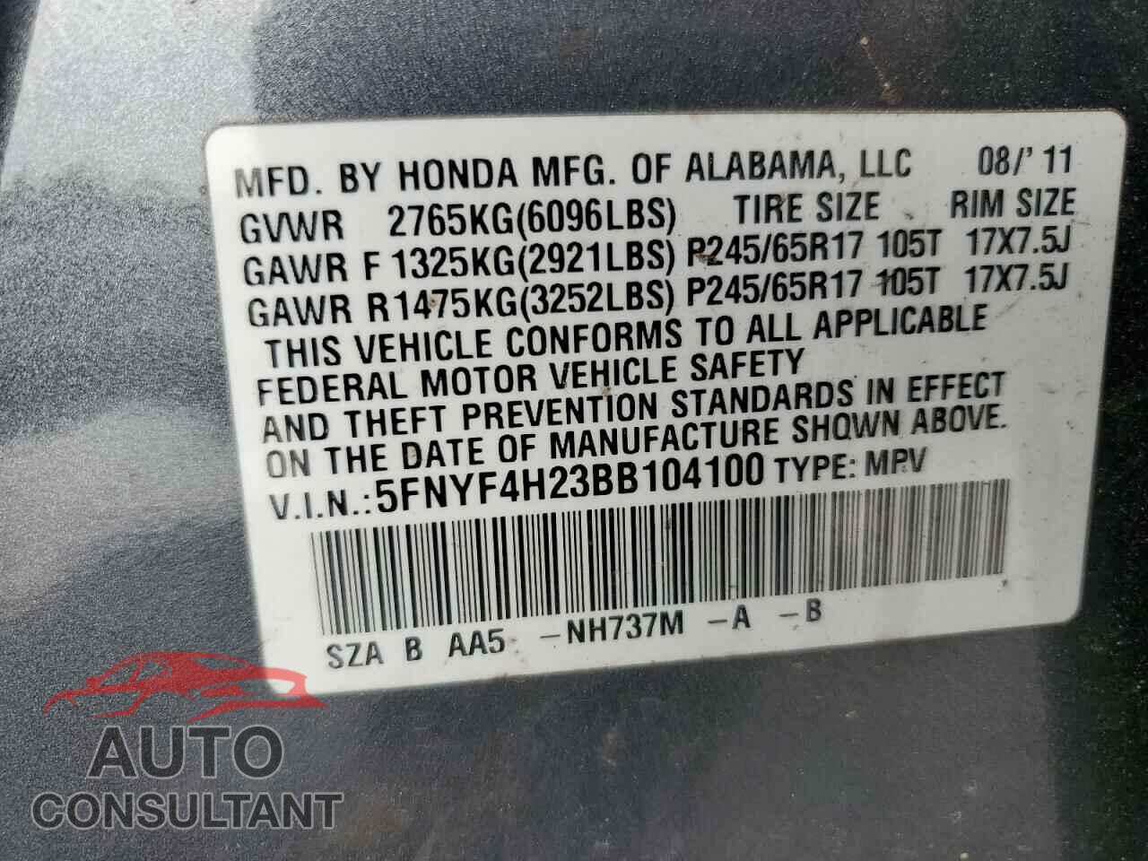HONDA PILOT 2011 - 5FNYF4H23BB104100