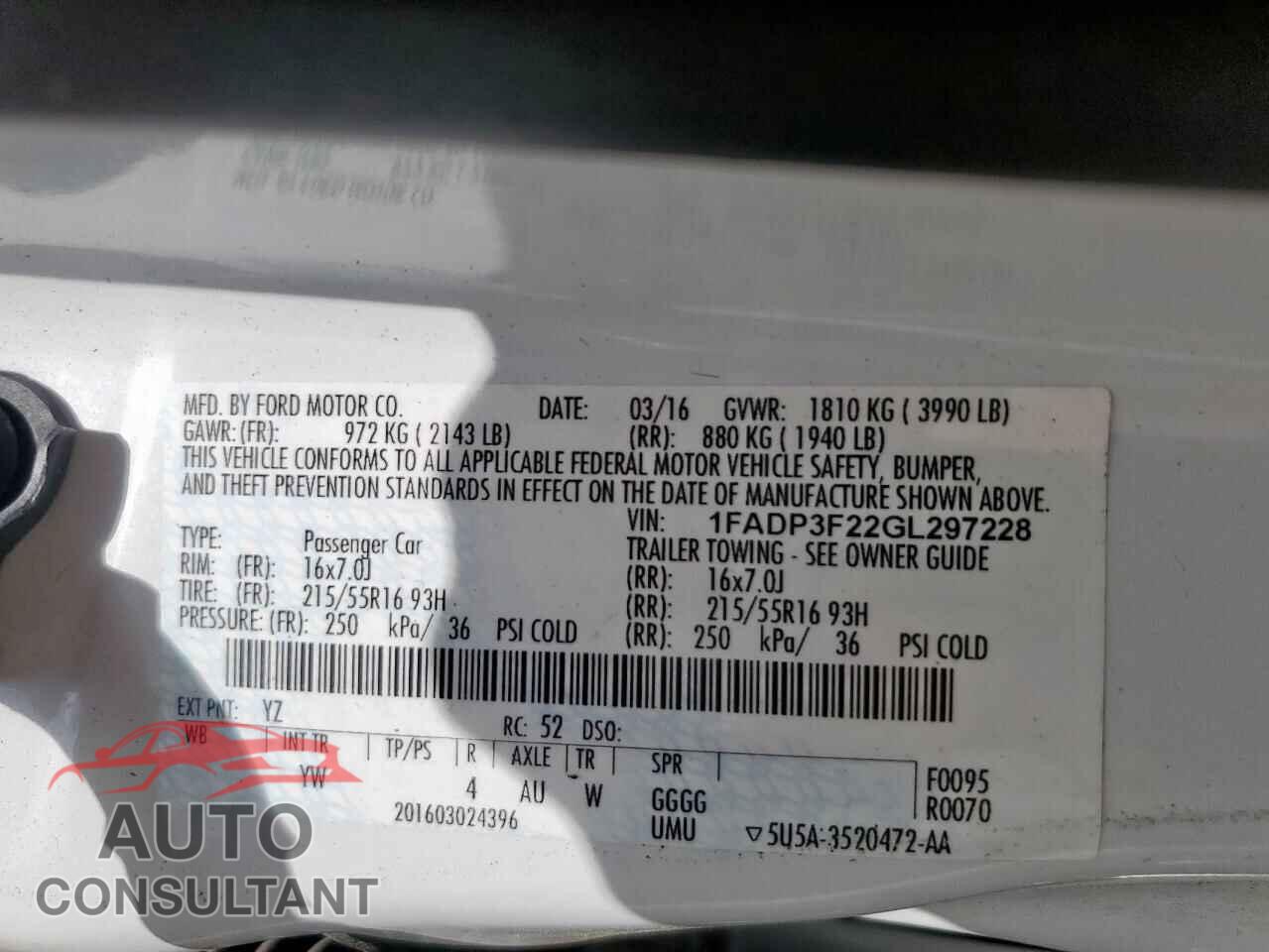FORD FOCUS 2016 - 1FADP3F22GL297228