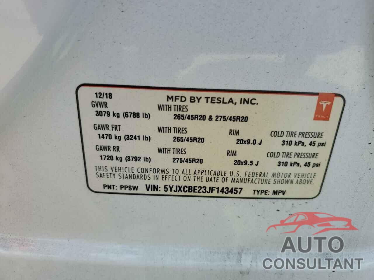 TESLA MODEL X 2018 - 5YJXCBE23JF143457