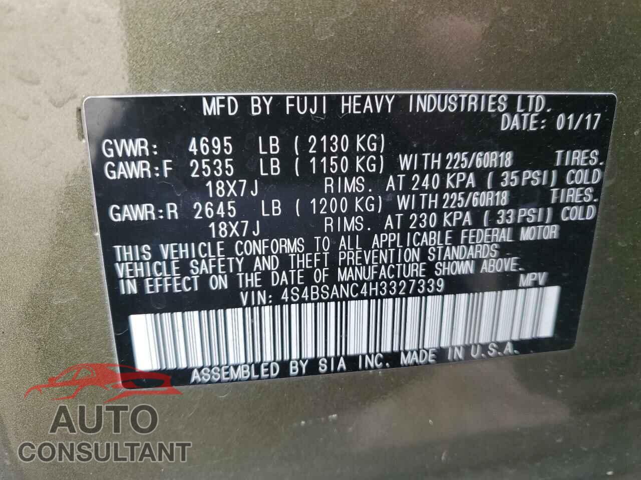 SUBARU OUTBACK 2017 - 4S4BSANC4H3327339