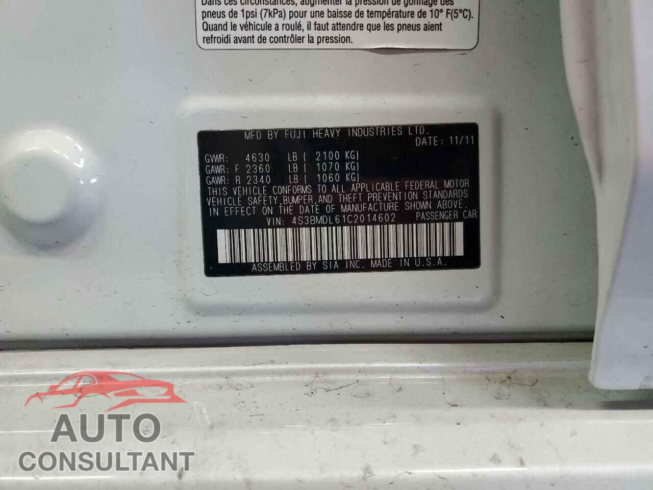 SUBARU LEGACY 2012 - 4S3BMDL61C2014602