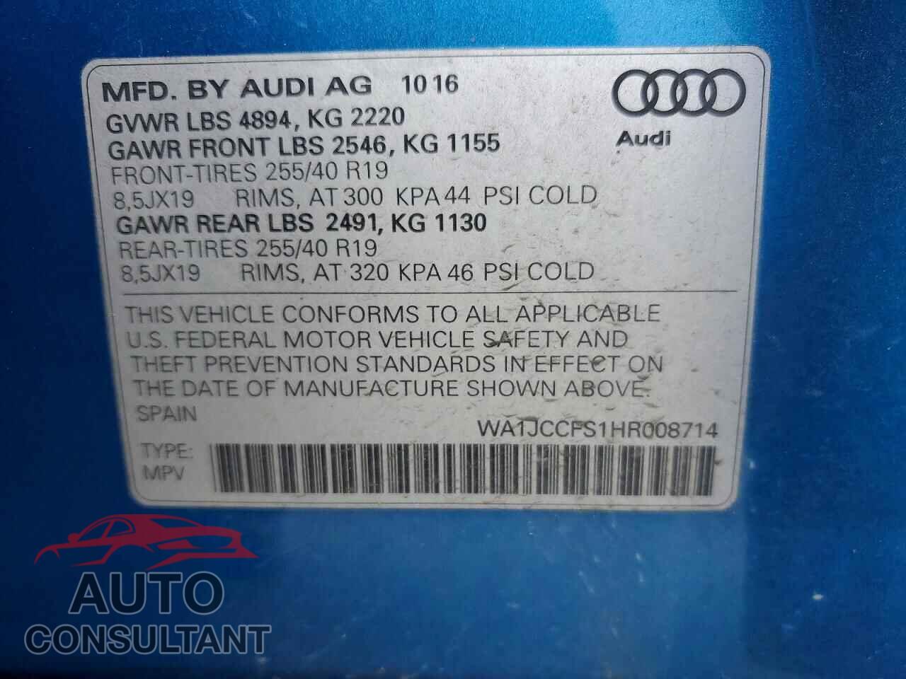 AUDI Q3 2017 - WA1JCCFS1HR008714