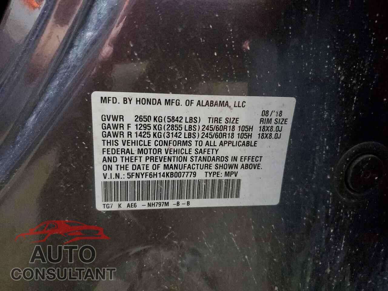 HONDA PILOT 2019 - 5FNYF6H14KB007779