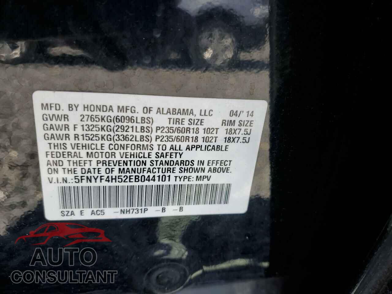 HONDA PILOT 2014 - 5FNYF4H52EB044101