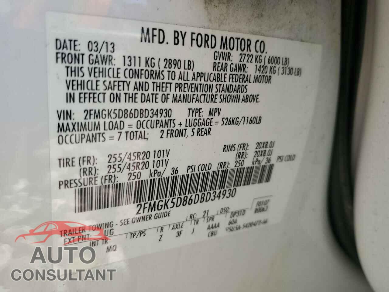 FORD FLEX 2013 - 2FMGK5D86DBD34930
