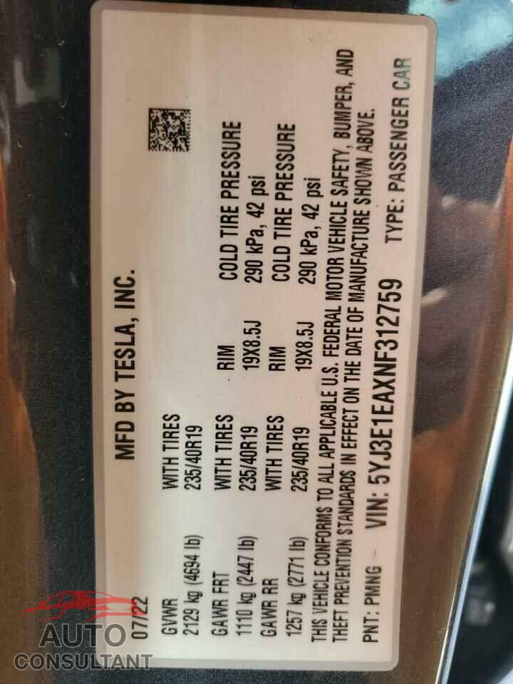 TESLA MODEL 3 2022 - 5YJ3E1EAXNF312759