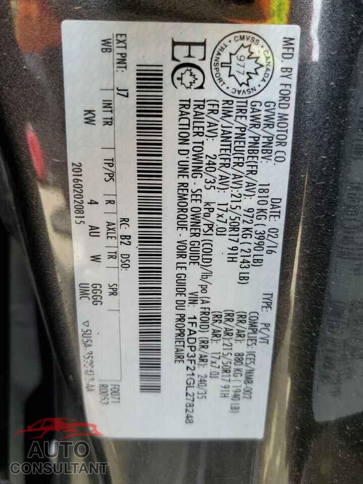 FORD FOCUS 2016 - 1FADP3F21GL278248